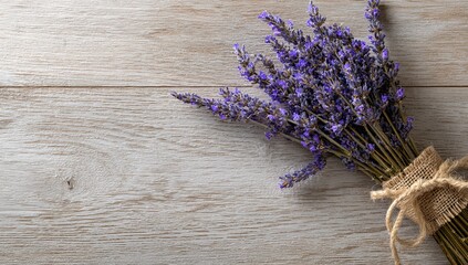 A rustic lavender bouquet tied with twine on wooden background