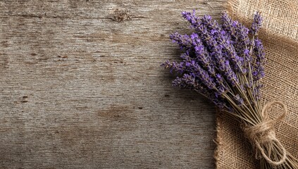 A rustic lavender bouquet tied with twine on wooden background