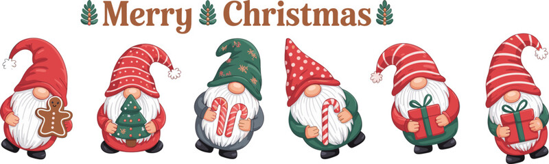 Cute Christmas gnomes holding gifts, festive holiday decorations, Merry Christmas text, winter celebration characters, Scandinavian gnomes, cartoon illustration, red hats, seasonal design