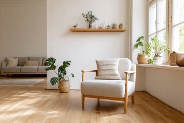 Modern living space with sofa armchair window and simple wooden flooring