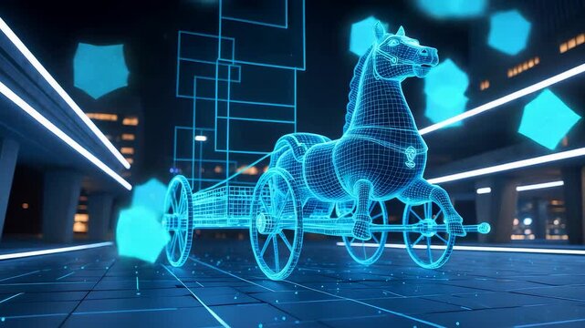 Digital glowing hologram of ancient horse chariot in neon cyber environment with geometric shapes and futuristic technology atmosphere