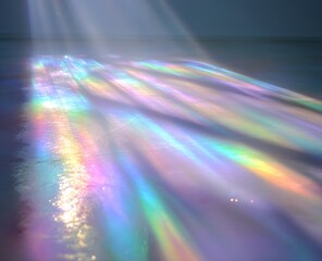 Soft pastel rainbow light rays create a dreamy ethereal reflection on floor