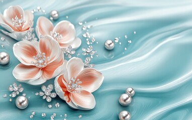 3D Elegant Floral Flowers on a Light Blue Water Background with Silver Pearls and Diamonds