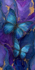 Butterflies blended into abstract blue marble texture with golden veins