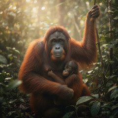 Orangutan holding baby in rainforest