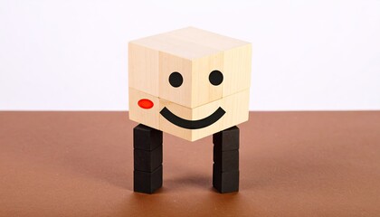 Smiling Wooden Cube on Brown Surface