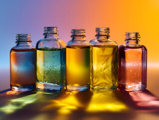 Five glass bottles with colorful liquids and lighting