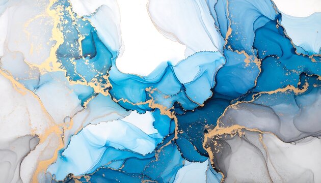 Fluid art with swirling blue ink and golden highlights, marble design