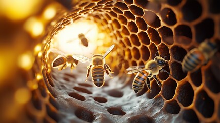 A Macro Close-up of Bees Working inside a Glowing Honeycomb Hive.