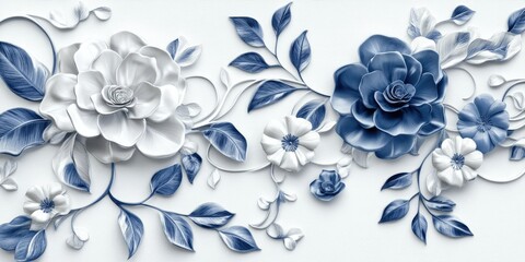 3D floral pattern, leaves and flowers, white background with blue accents, elegant, detailed, seamless wallpaper