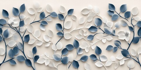 3D floral pattern, leaves and flowers, white background with blue accents, elegant, detailed, seamless wallpaper