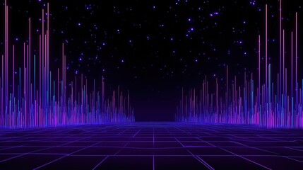 Immersive digital background with glowing neon lights and pixelated code patterns, futuristic cyberpunk atmosphere with purple hues creating modern tech vibes for high resolution design concepts.