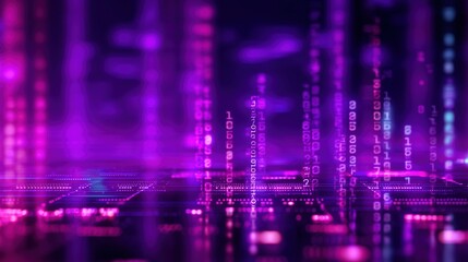 Fototapeta premium Immersive digital background with glowing neon lights and pixelated code patterns, futuristic cyberpunk atmosphere with purple hues creating modern tech vibes for high resolution design concepts.