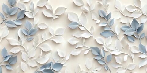 3D floral pattern, leaves and flowers, white background with blue accents, elegant, detailed, seamless wallpaper