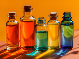 Five glass bottles with colorful liquids and cork stoppers