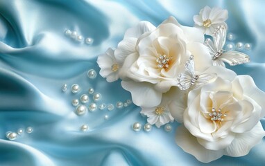 3D floral white flowers with pearls and diamonds, butterflies on a light blue silk background, an elegant wall mural