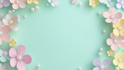 3D paper-cut style background with pastel colors, delicate flowers, and pearls on the edges, empty space in the center for text, light green background