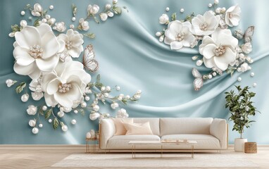 3D floral white flowers with pearls and diamonds, butterflies on a light blue silk background, an elegant wall mural