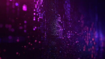 Immersive digital background with glowing neon lights and pixelated code patterns, futuristic cyberpunk atmosphere with purple hues creating modern tech vibes for high resolution design concepts.