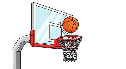Naklejka premium Basketball hoop with orange ball scoring a point featuring backboard rim and net.