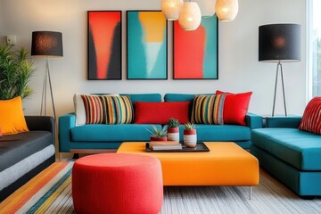 A vibrant- colorful living room with modern furniture and artwork- combining teal- orange- and red tones for a bold and lively aesthetic.