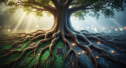 Ancient Tree Roots Entwined with Circuit Board Technology and Nature Symbiosis.