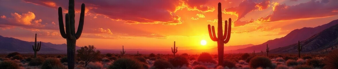 Majestic Saguaro Cactus Silhouette at Sunset, Arizona Desert Landscape, Stunning Desert Flora, Resilient Plant Life, Southwest USA