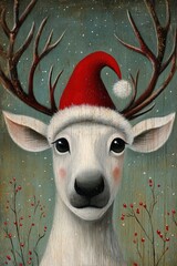Reindeer wearing Santa hat. Painting in whimsical style. Ai Generative