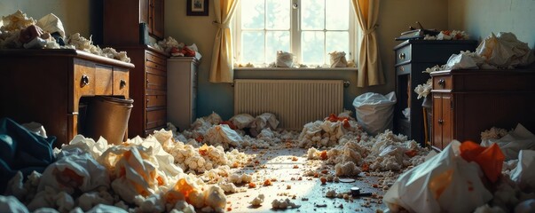 A messy room overflowing with discarded takeout containers, crumpled papers, and overflowing trash cans, embodying the essence of a slovenly lifestyle ,  rubbish,  disorganized