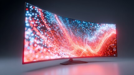 Naklejka premium Curved screen immersive display, vibrant red and blue pattern visualization experience