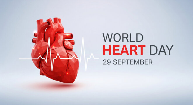 Vibrant 3D anatomical heart illustration with dynamic EKG line, perfect for World Heart Day awareness campaigns and medical promotions, celebrating life and health on September 29th.