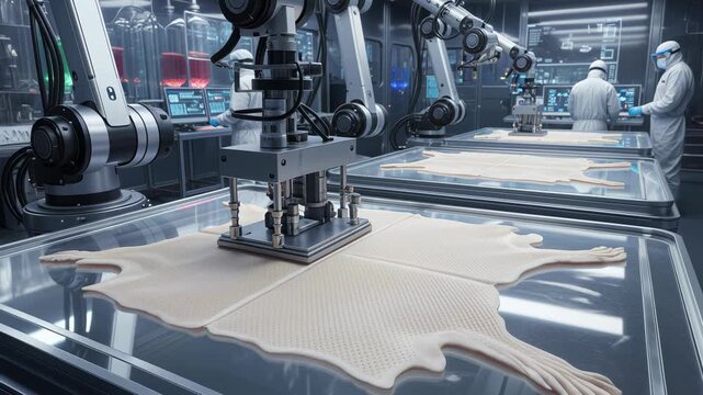 Futuristic laboratory with robotic arms creating artificial leather on sterile tables. Concept of biotechnology, sustainable materials, and high-tech innovation in fashion industry