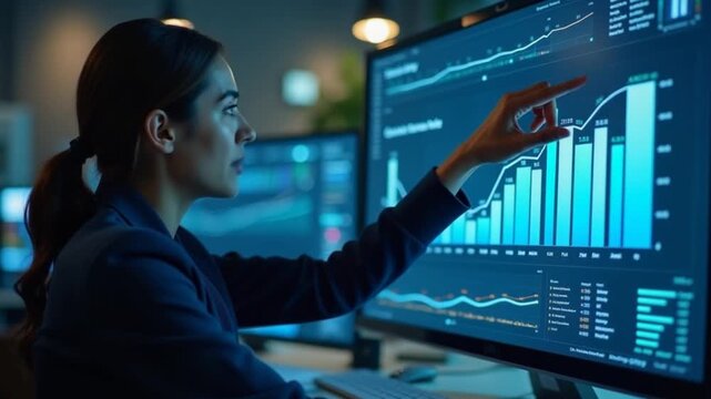 Vertical AI specialist reviews data charts, emphasizing importance of data driven decision making in tech industry. Engineer developing innovative artificial intelligence solutions for startup, camera