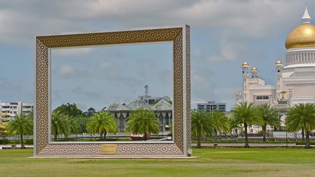 Frame at Masjid Sultan Omar Ali Saifuddin Mosque and royal barge in Bandar Seri Begawan, Brunei Darussalam.