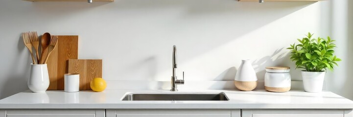 A neatly organized kitchen counter with sparkling clean appliances and surfaces, ready for the day's activities  Empty sink, gleaming countertops, minimalist aesthetic ,  sponge,  cleaning supplies