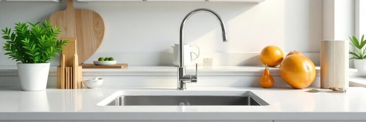 A neatly organized kitchen counter with sparkling clean appliances and surfaces, ready for the day's activities  Empty sink, gleaming countertops, minimalist aesthetic ,  housework,  room