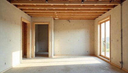 A newly constructed home's interior showcases unfinished drywall, exposed framing, and plumbing, highlighting the raw stages of building a house from the ground up , blueprint, materials, new