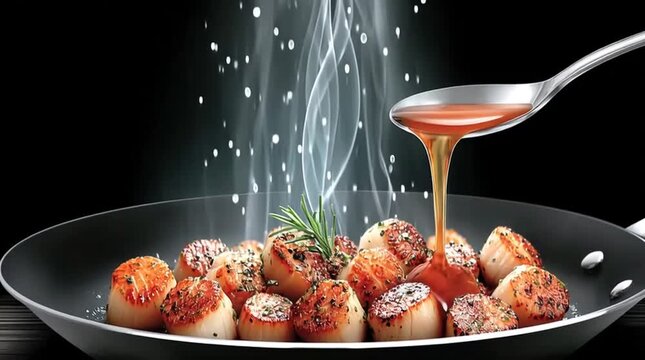 Delicious Scallop Dish &ndash; Freshly Seared Scallops in a Restaurant, Drizzled with Garlic Butter