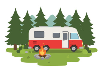 Obraz premium Camping Scene with RV and Fire