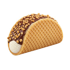 Perfectly formed choco taco ice cream with golden-brown waffle cone, dark chocolate, crushed peanuts, and creamy vanilla, isolated on a seamless transparent background, high-key product concept
