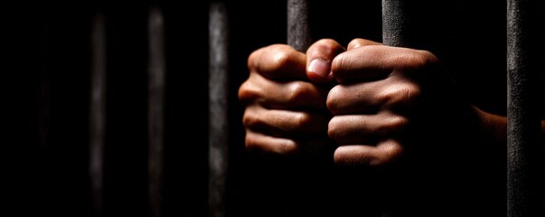Obraz premium Hands gripping prison bars, symbolizing confinement, struggle, and the desire for freedom in a dark, shadowy setting.