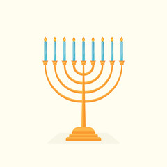 A simple and clean illustration of a golden Hanukkah menorah with nine burning candles. Isolated vector symbol for the Jewish holiday celebration.