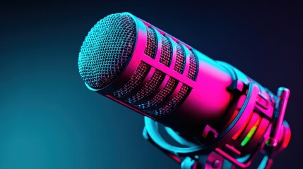 A close-up of a microphone with vibrant purple and blue lighting, showcasing its intricate mesh and design, perfect for music and broadcasting contexts.