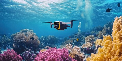 A high-tech underwater drone is capturing stunning footage of a vibrant coral reef- showcasing marine exploration and advanced technology