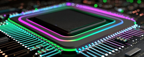 A close-up view of a high-tech circuit board featuring vibrant neon colors, showcasing intricate electronic components and modern design.