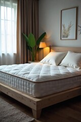 A plush, new mattress sits neatly made on a bedroom frame, ready for a restful sleep Soft lighting creates a calming atmosphere in the cozy room , blanket, frame, duvet