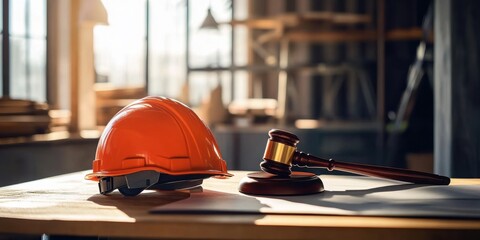 A construction helmet resting beside a wooden gavel on a desk- symbolizing the intersection of safety and law in construction environments.