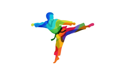 Colorful Karate Practitioner in Mid-Kick with Black Belt.