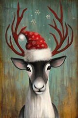 Reindeer wearing Santa hat. Painting in whimsical style. Ai Generative