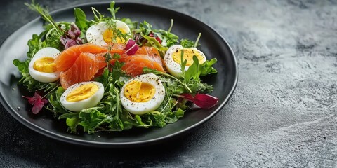 Fresh green salad with boiled eggs and smoked salmon on a dark plate- offering a healthy and balanced meal option. Perfect for food presentations.